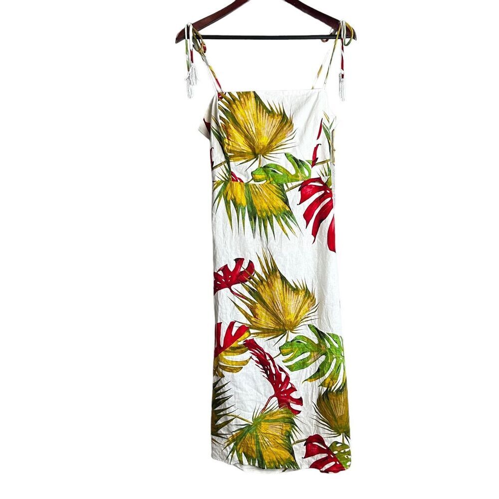 House of Harlow Midi Dress Size M Linen-Blend Cut Out Smocked Back Bead Tassels